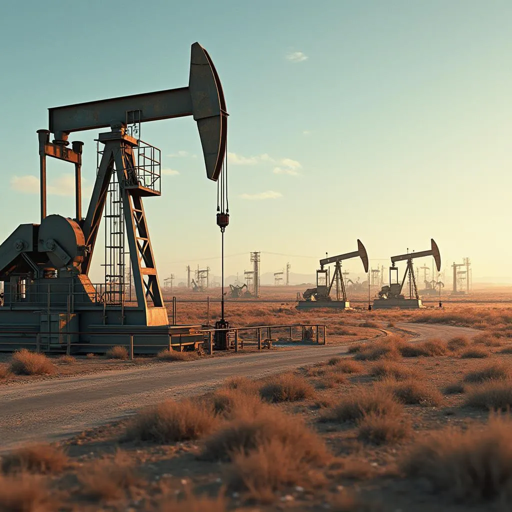 Campo petrolero en Argentina con equipos modernos operando bajo un cielo claro.