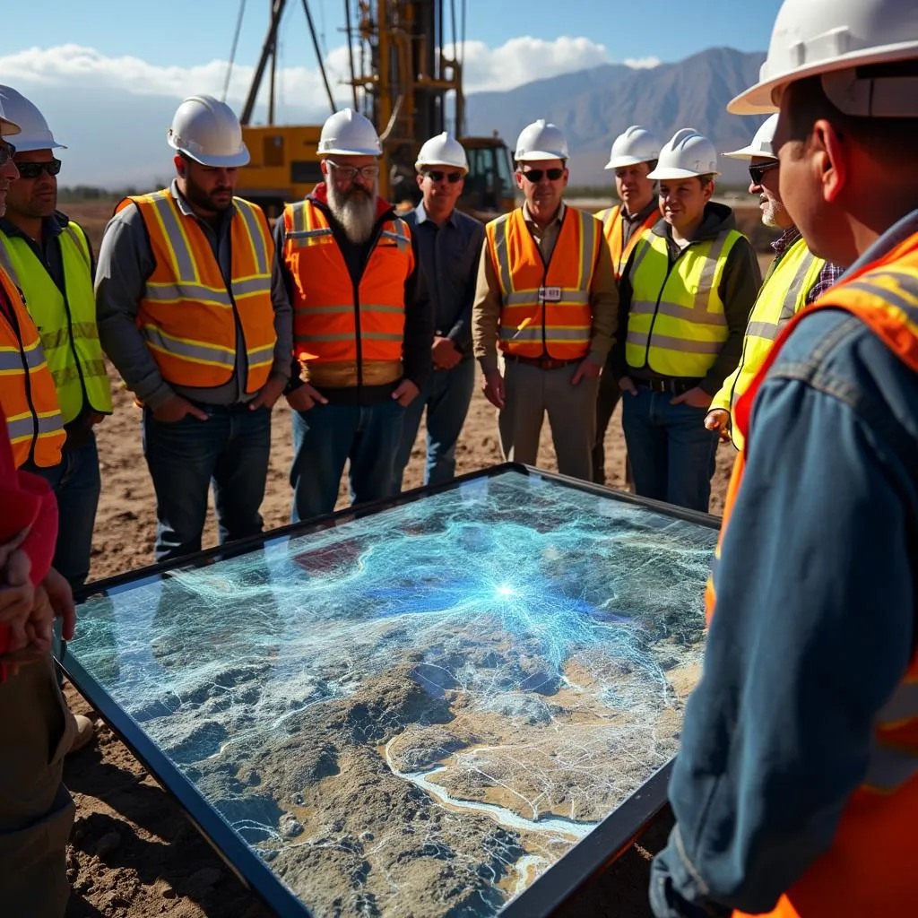 Equipo técnico en Vaca Muerta discutiendo planes de perforación.