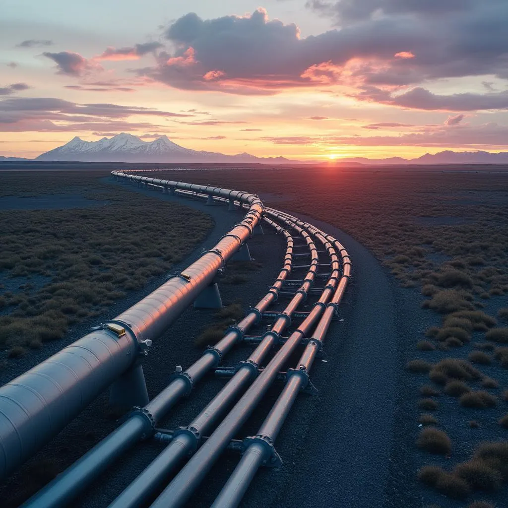 Moderna infraestructura de oleoductos atravesando el paisaje patagónico.