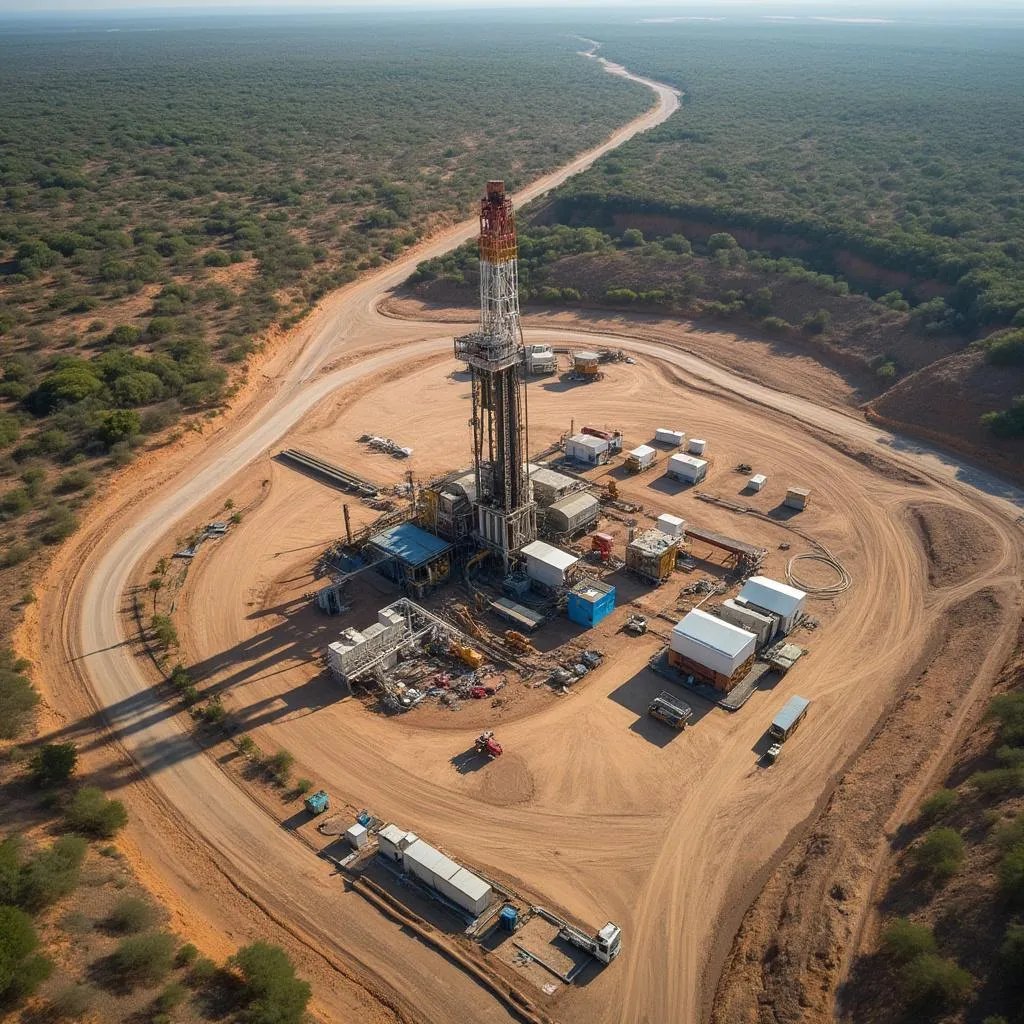 Vista aérea de un sitio de perforación en la formación Vaca Muerta.