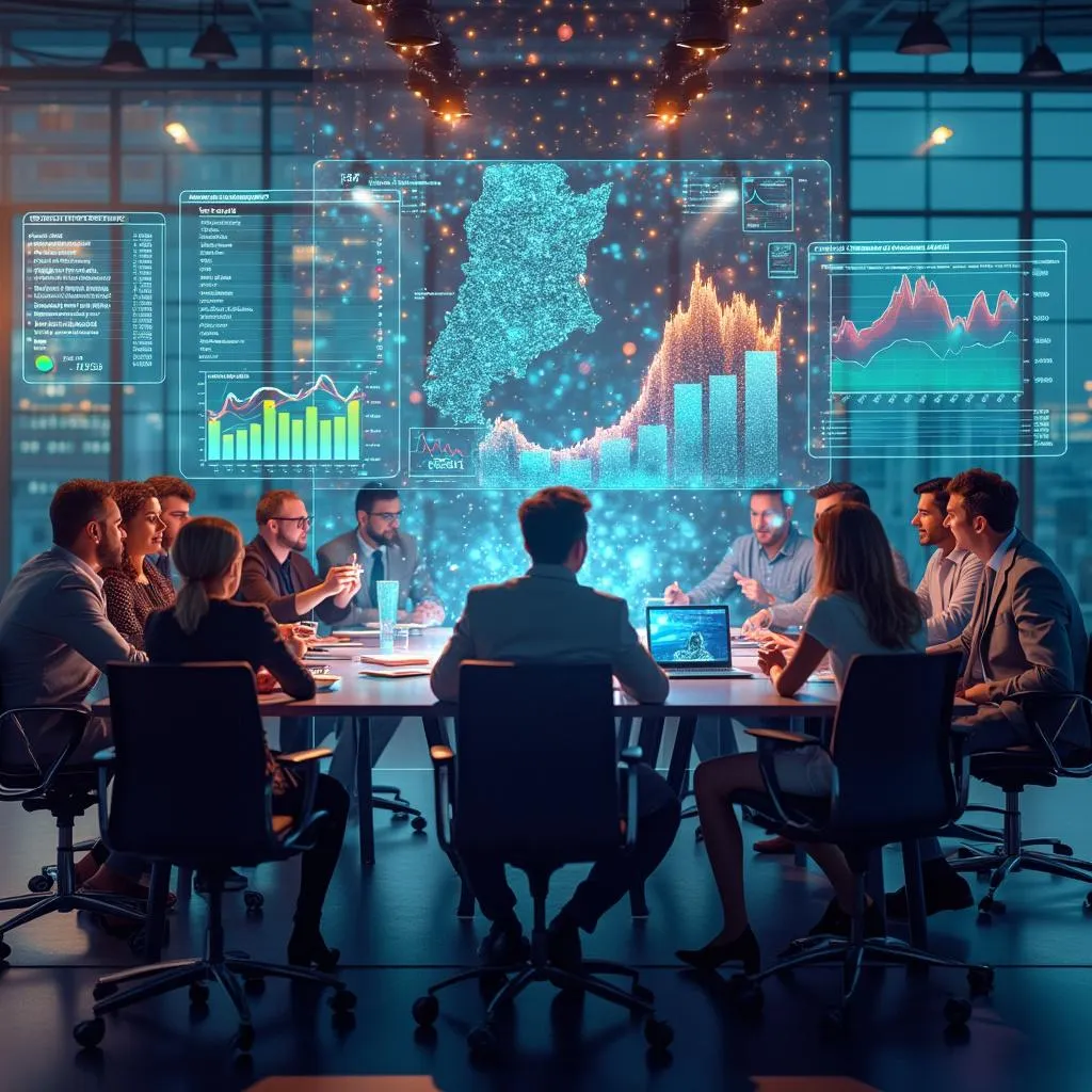 Equipo diverso colaborando en estrategias de inversión energética con gráficos y mapas de Argentina